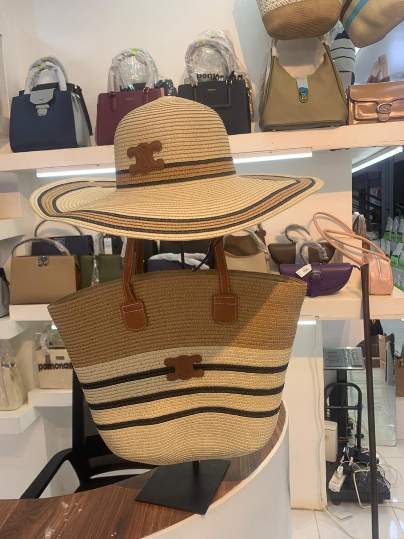 Handmade Large Brim Sun Hat Tote Bag Brown Summer Vacation Travel Shopping Women Beach Striped Straw Hat Beach Bag Set