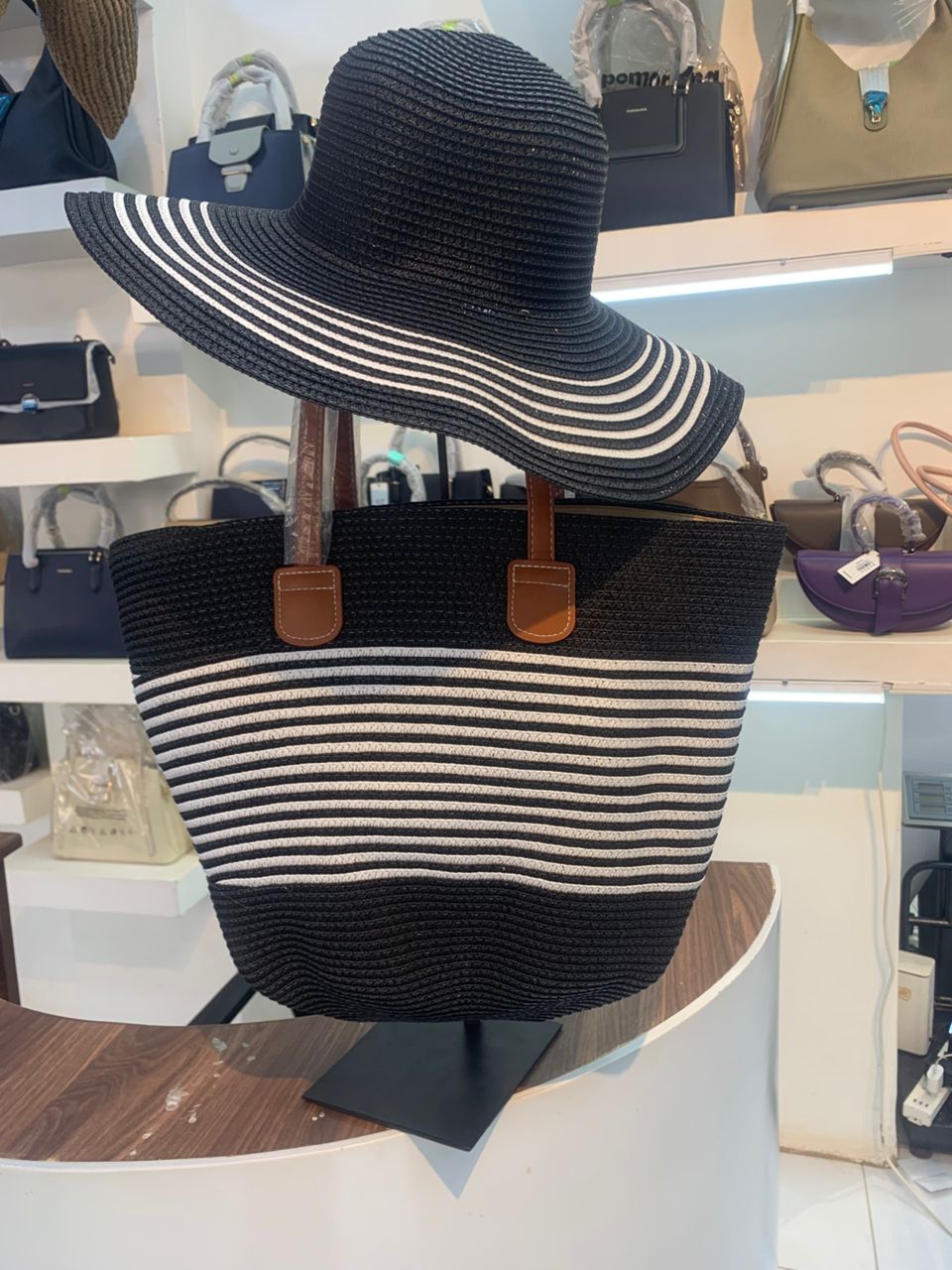 Handmade Large Brim Sun Hat Tote Bag Brown Summer Vacation Travel Shopping Women Beach Striped Straw Hat Beach Bag Set