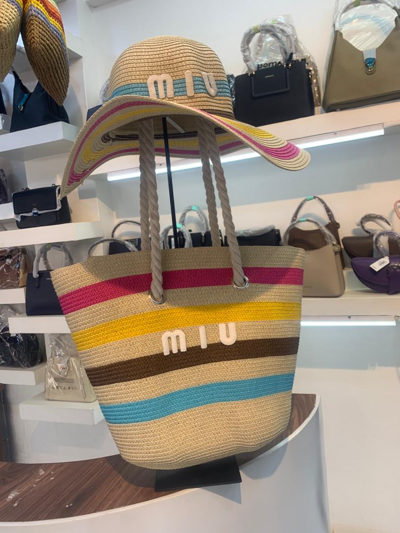 Handmade Large Brim Sun Hat Tote Bag Brown Summer Vacation Travel Shopping Women Beach Striped Straw Hat Beach Bag Set