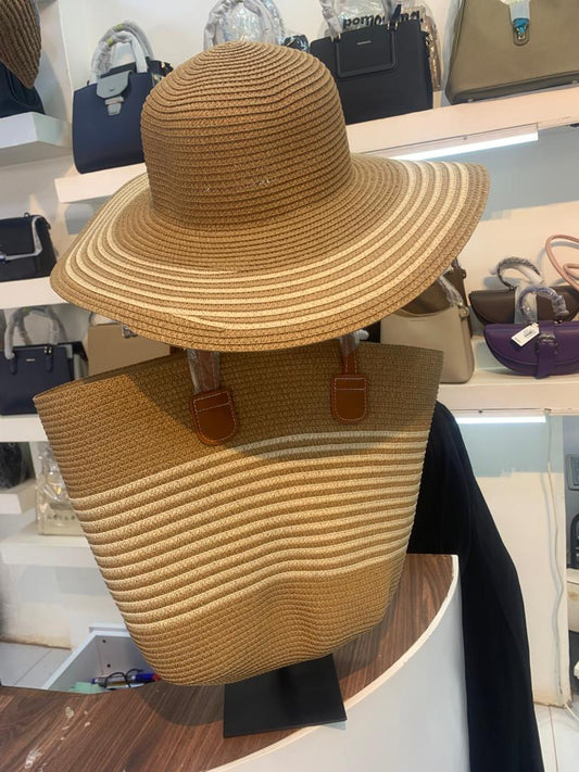 Handmade Large Brim Sun Hat Tote Bag Brown Summer Vacation Travel Shopping Women Beach Striped Straw Hat Beach Bag Set