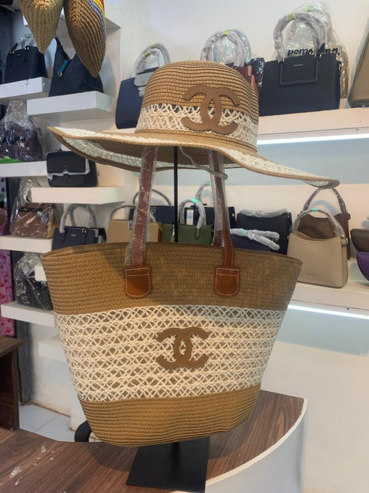 Handmade Large Brim Sun Hat Tote Bag Brown Summer Vacation Travel Shopping Women Beach Striped Straw Hat Beach Bag Set