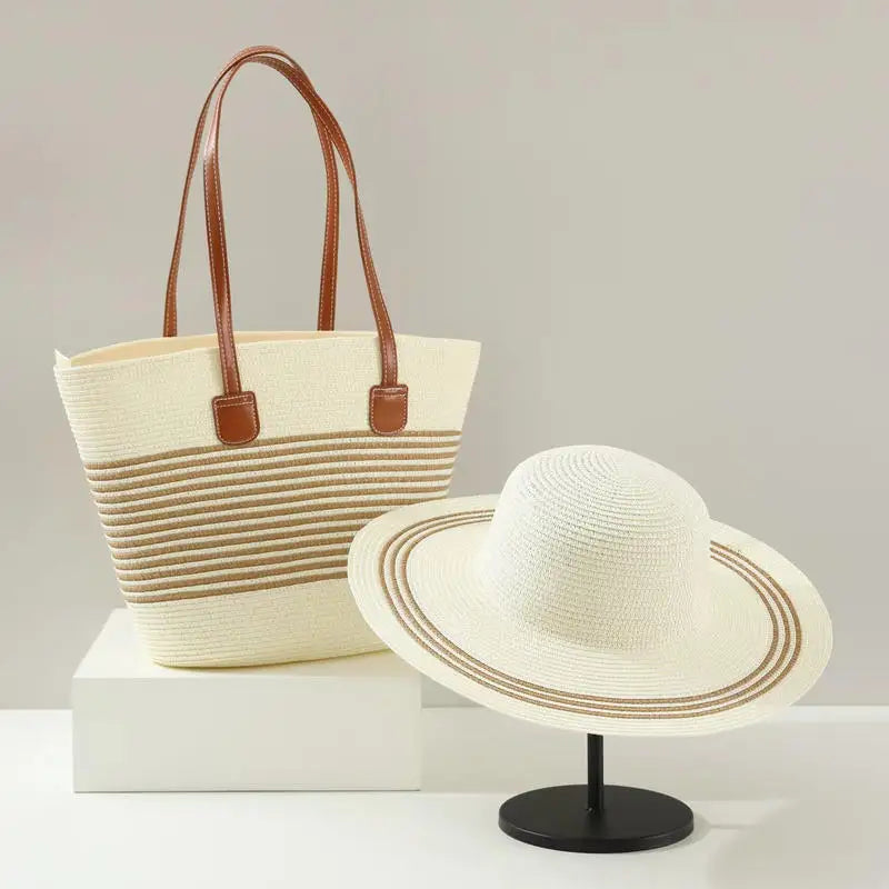 Handmade Large Brim Sun Hat Tote Bag Brown Summer Vacation Travel Shopping Women Beach Striped Straw Hat Beach Bag Set
